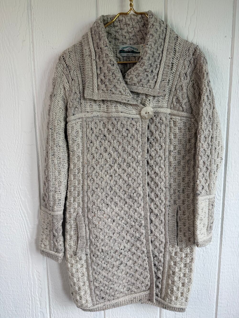 Vintage Aran Crafts 100% Merino Wool Open Button Cardigan, Medium